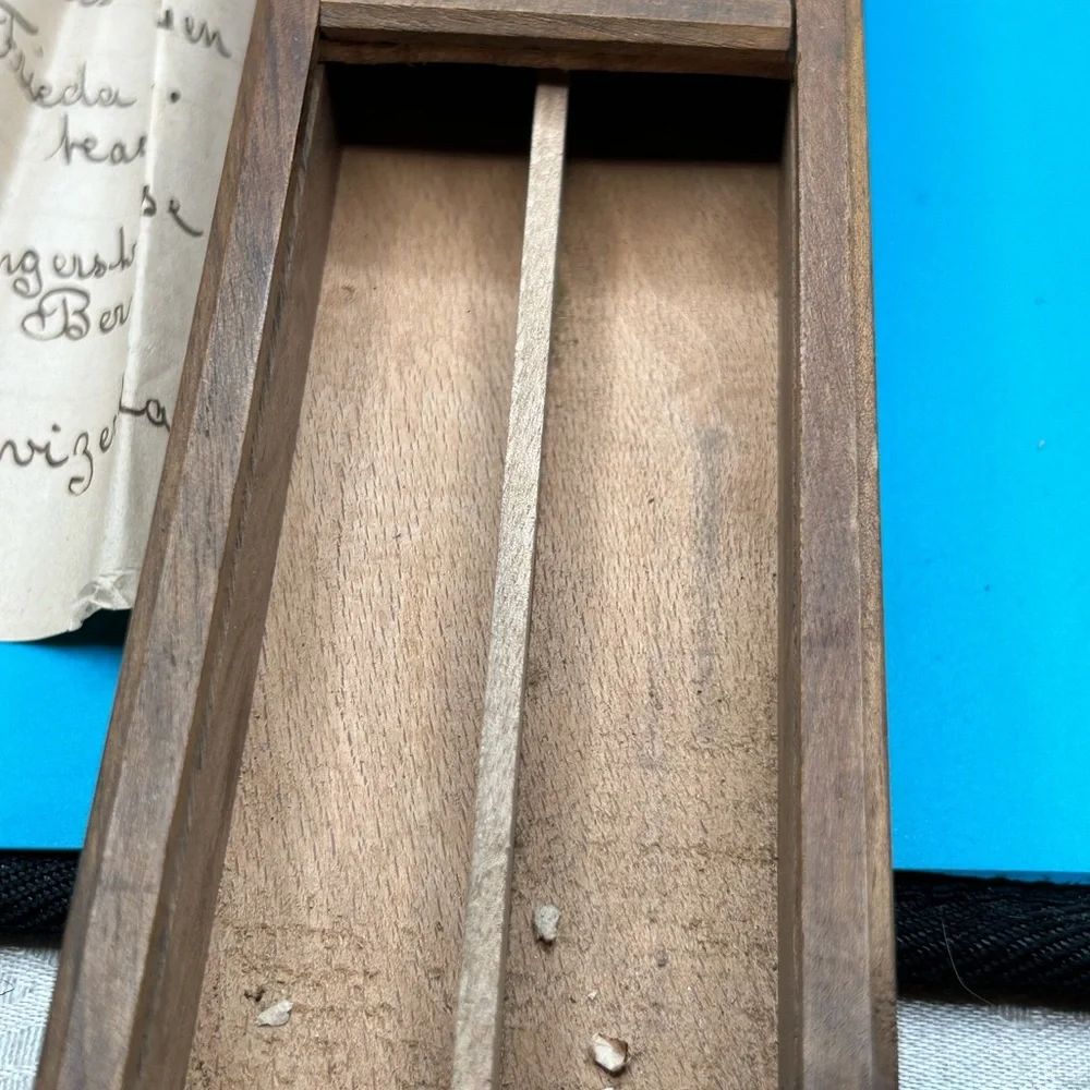 Vintage Swiss hand carved wood pen box and pen includes handwritten letter, folk